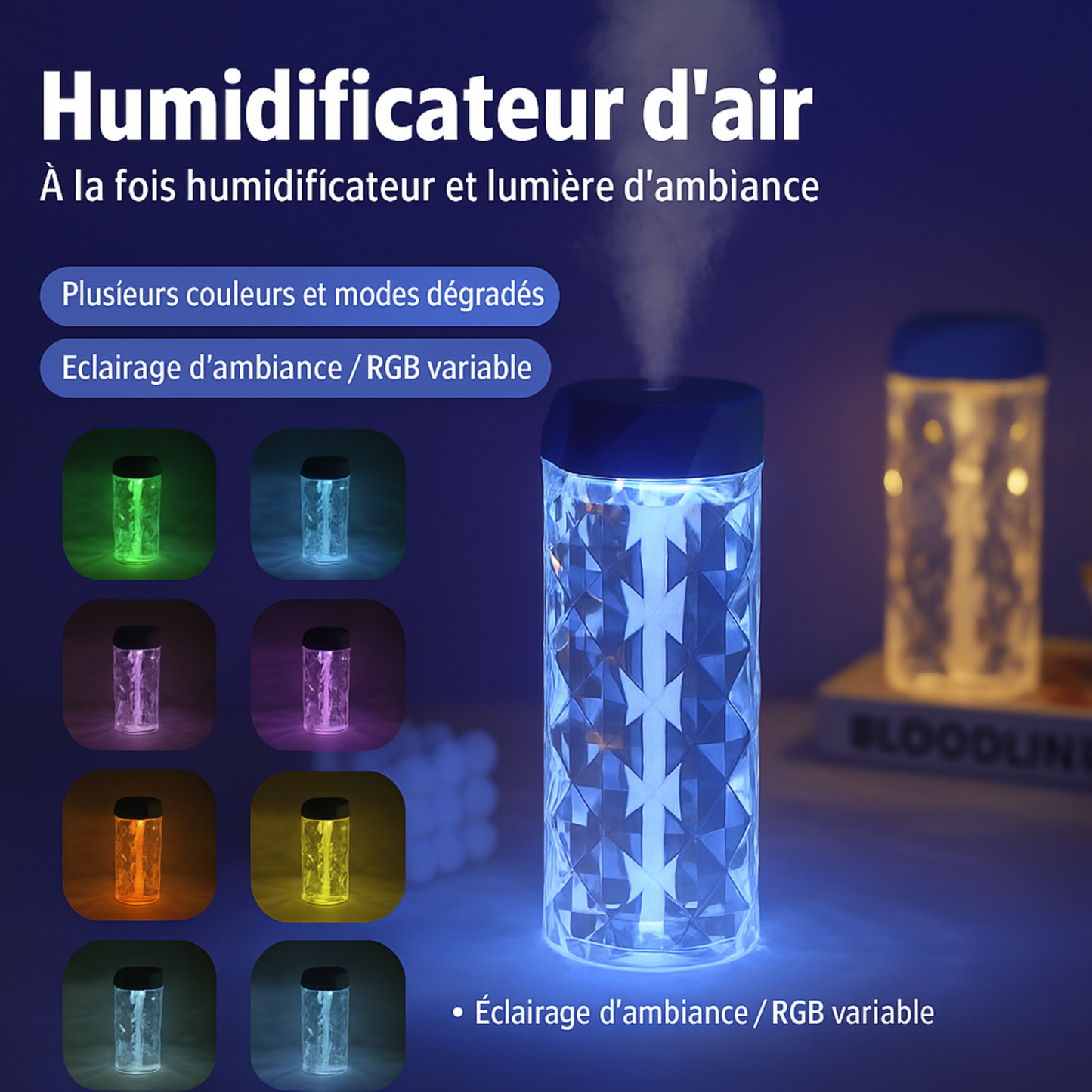 Diffuseur Auralys d'huiles essentielles avec différentes couleurs de LED