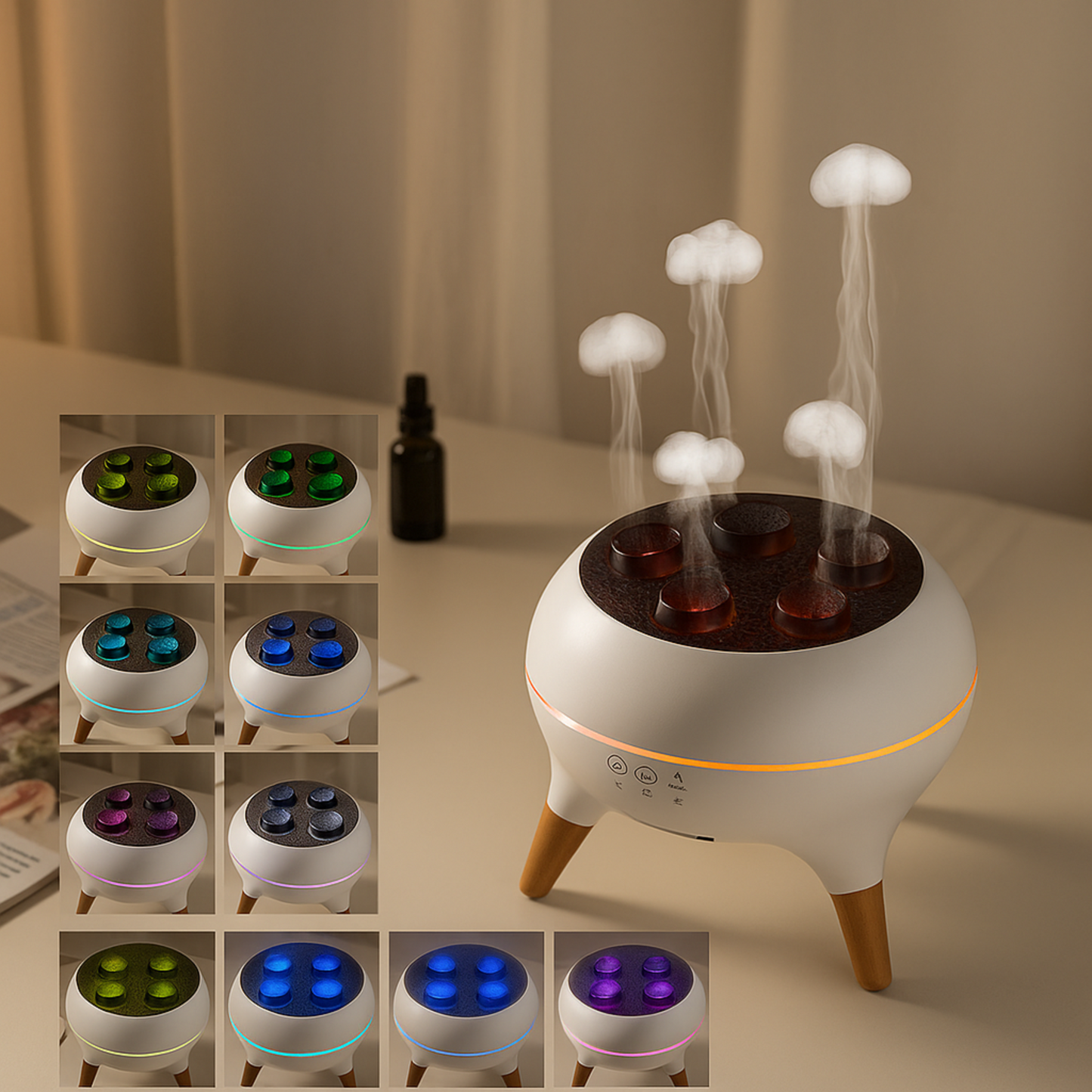 Effet triple brume du diffuseur Trivela avec lumières changeante