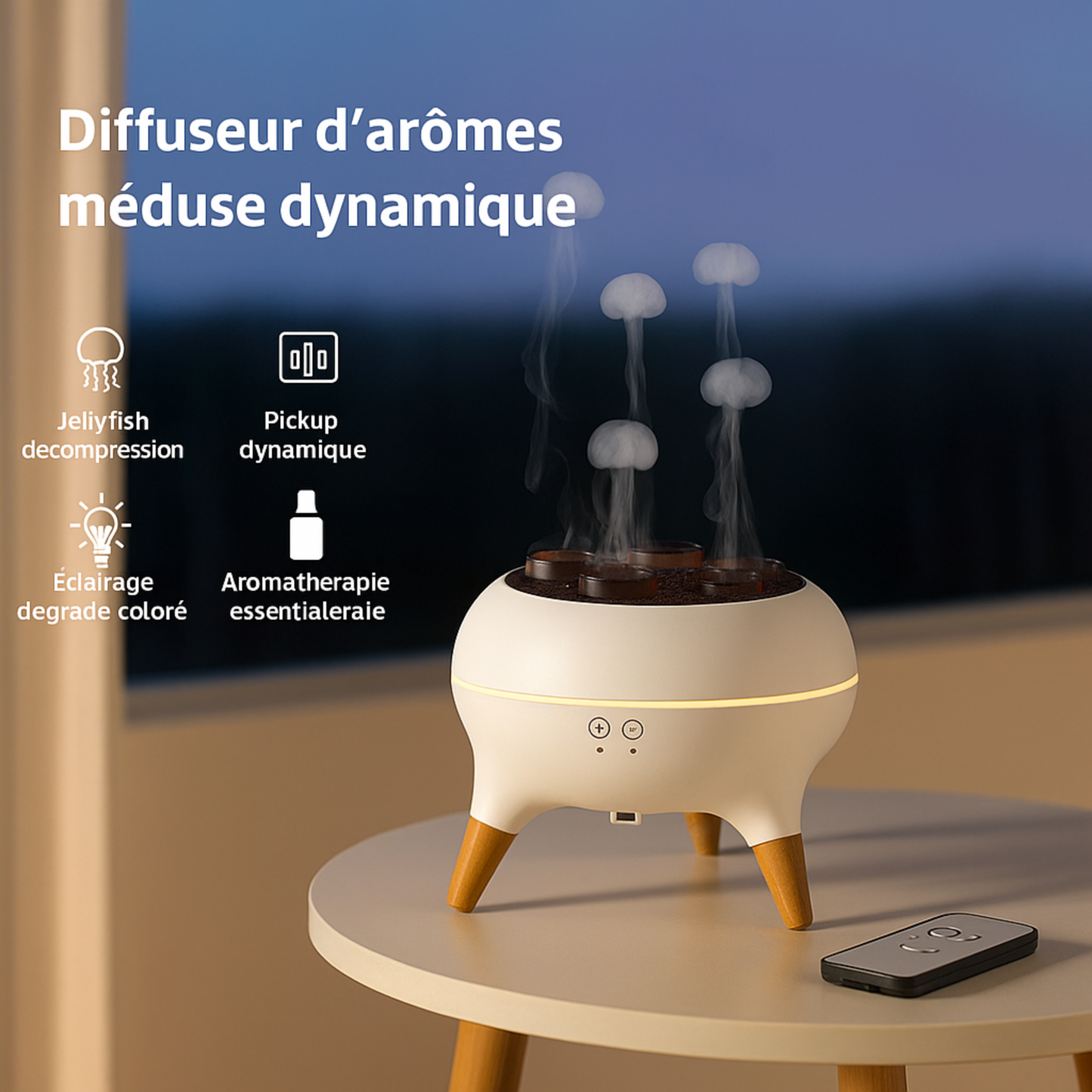 Diffuseur Trivela en gros plan avec brume ultrasonique fine en sortie triple