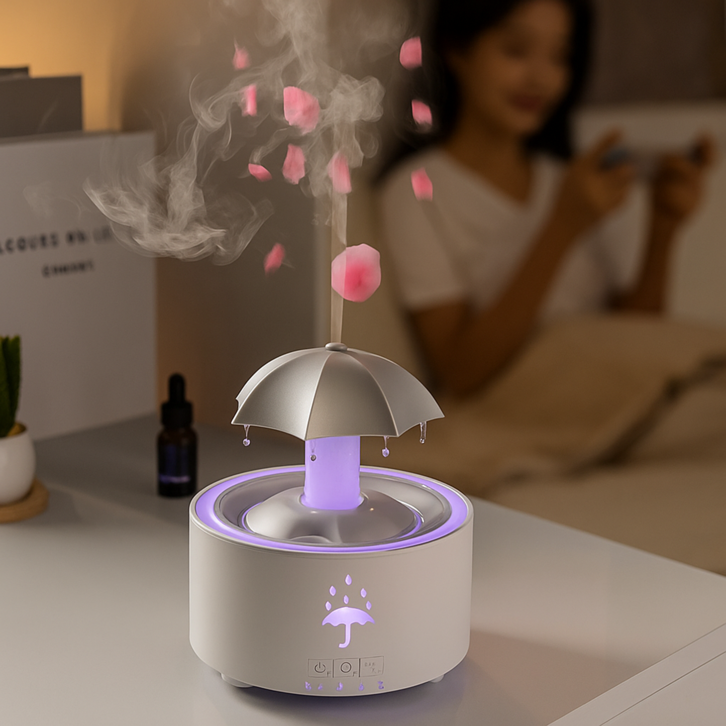 Diffuseur Oraya Blanc avec brume ultrasonique visible en fonctionnement