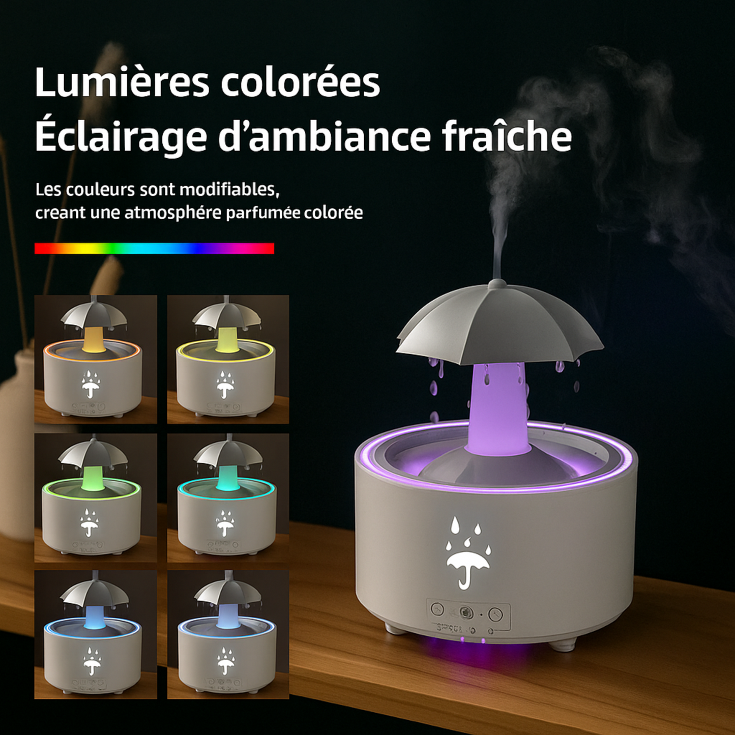 Diffuseur Oraya blanc allumé en ambiance LED multi colores