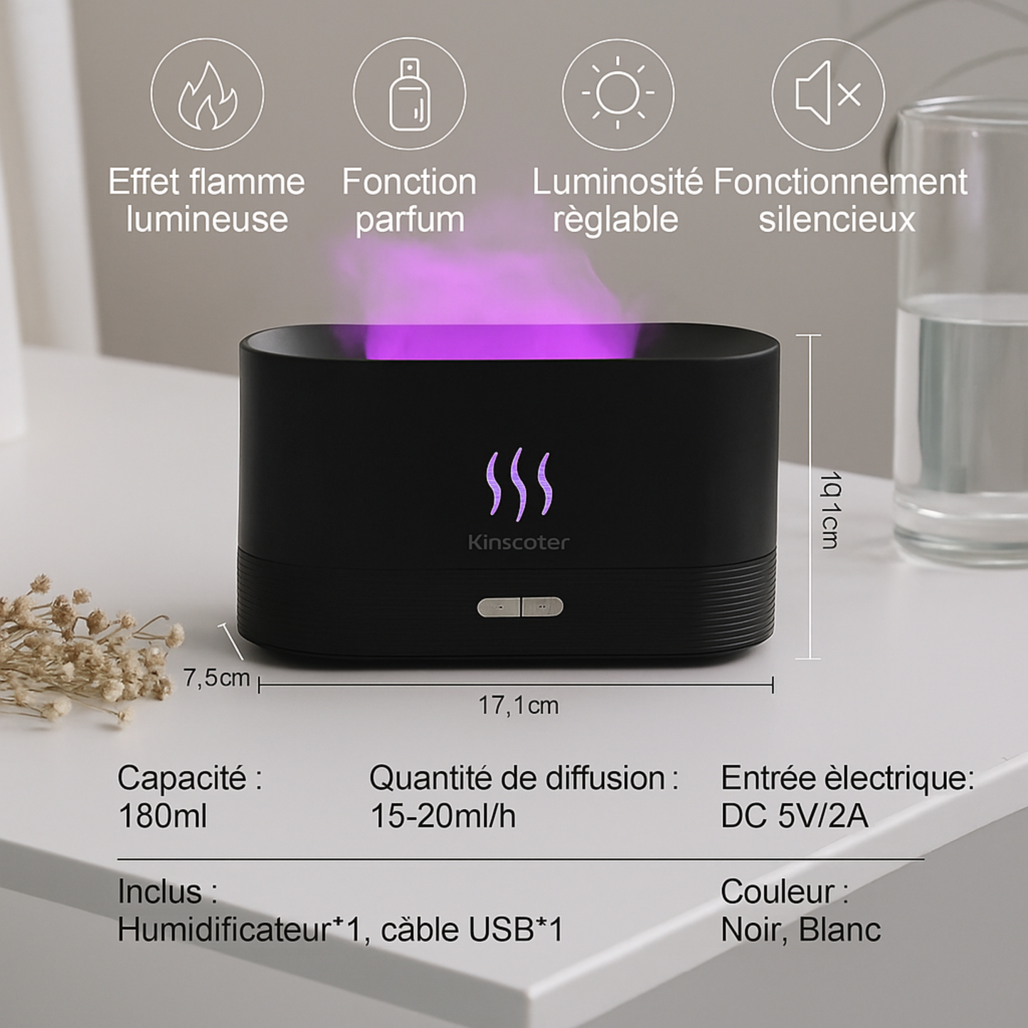 Diffuseur Volcanya LED avec flamme colorée en fonctionnement