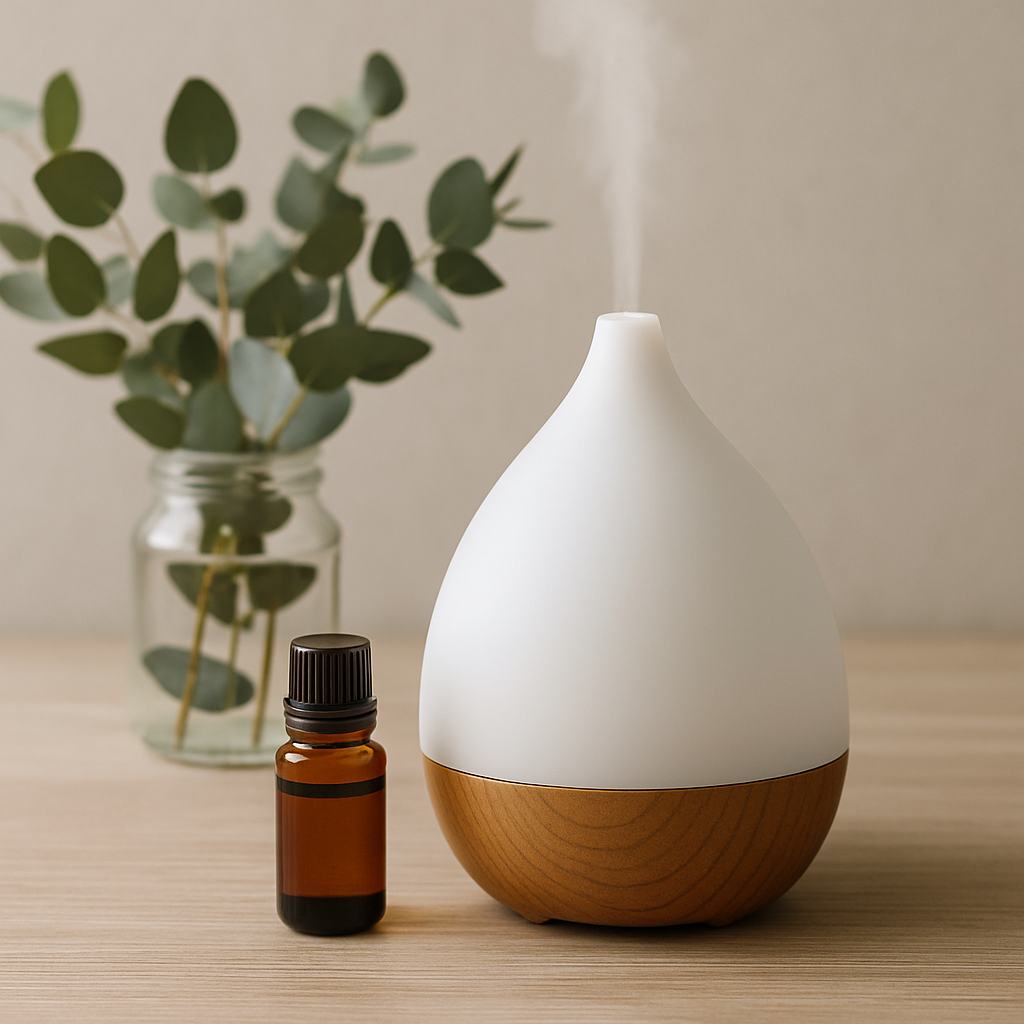 Diffuseur d’huiles essentielles allumé sur une table en bois clair, émettant une brume parfumée