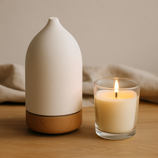 Diffuseur d’huiles essentielles et bougie parfumée côte à côte sur une table en bois clair