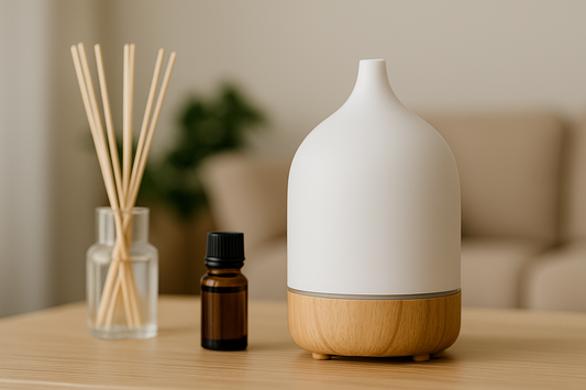 Diffuseur d’huiles essentielles moderne diffusant de la brume sur une table en bois clair