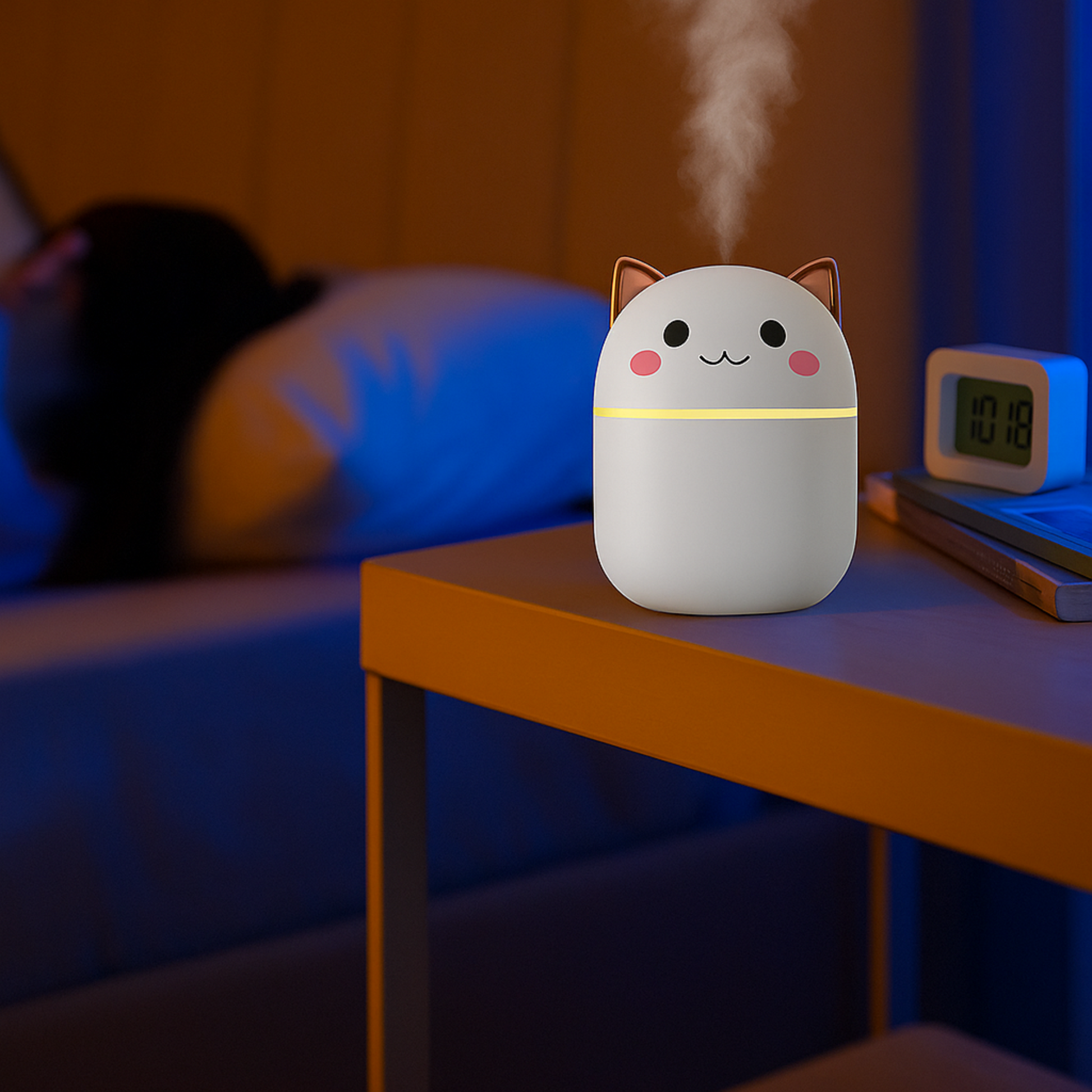 Diffuseur Auralia blanc allumé en ambiance cocooning de nuit