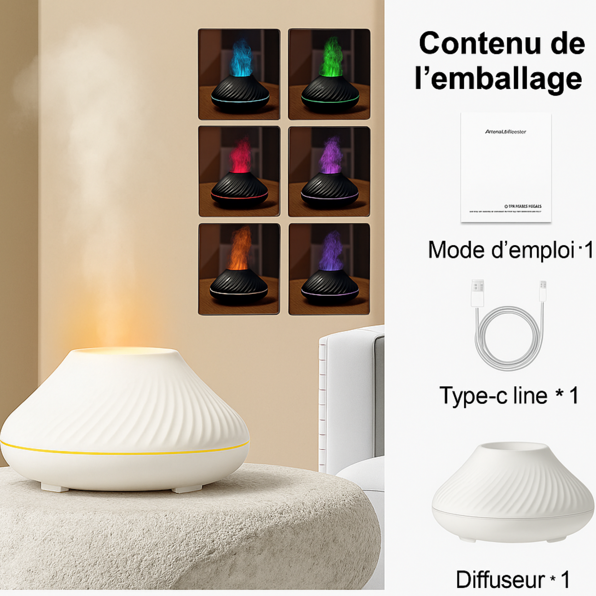 Contenu du coffret Voliha : diffuseur blanc, câble USB et manuel dans l’emballage d’origine