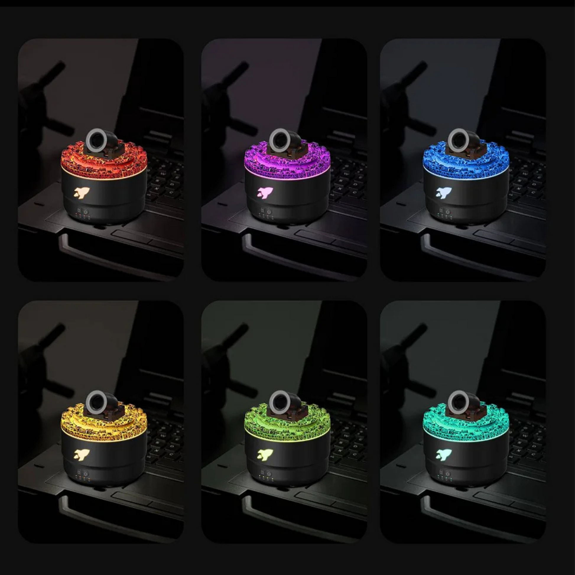 Diffuseur Canonya noir avec lumière LED multicolore en ambiance nocturne