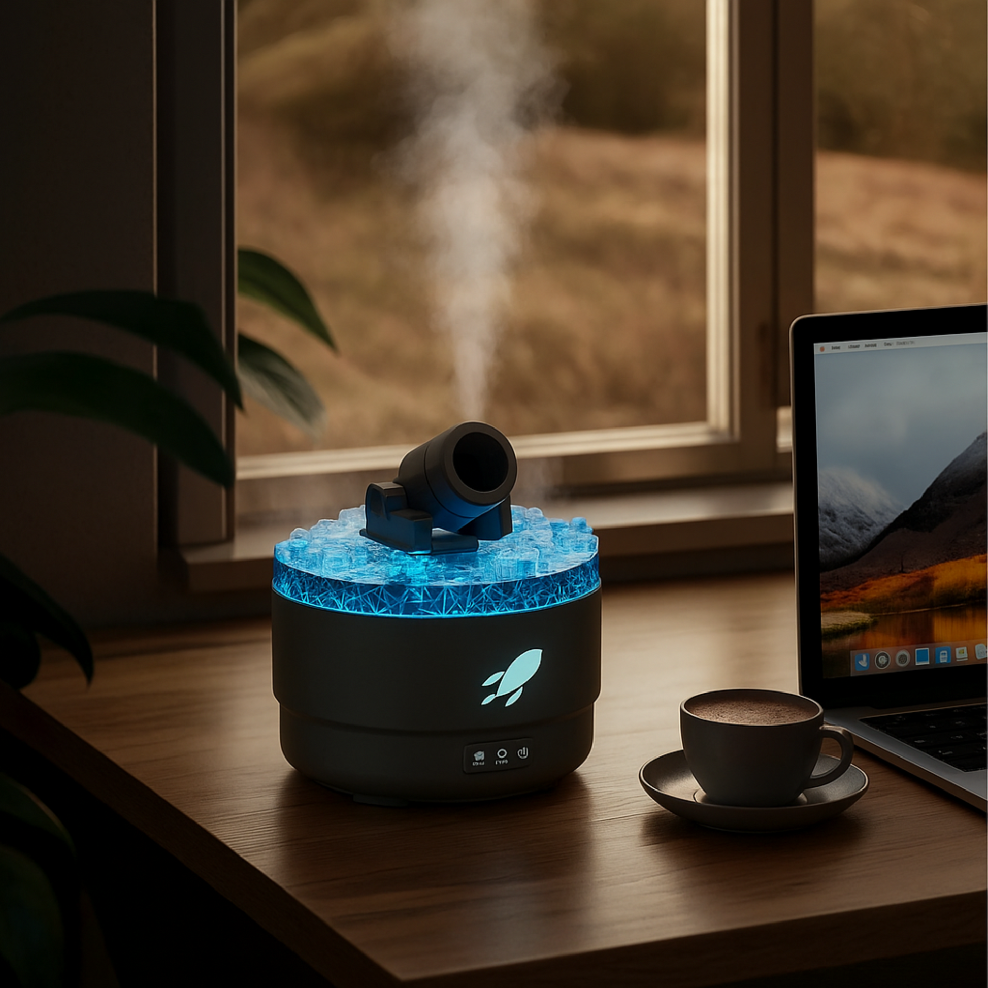 Diffuseur Canonya en fonctionnement avec brume verticale dans une chambre