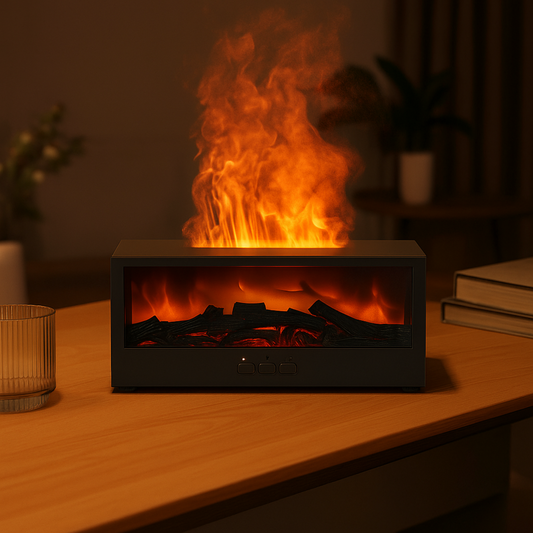 Diffuseur Flamora noir en ambiance détente avec brume et lumière flamme