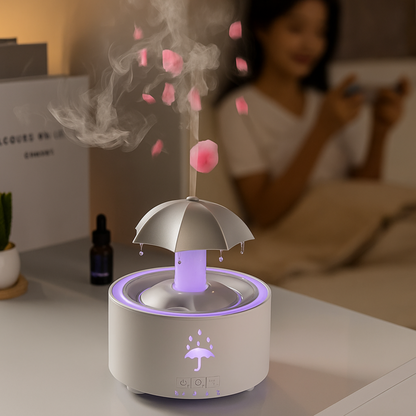 Diffuseur Oraya Blanc avec brume ultrasonique visible en fonctionnement