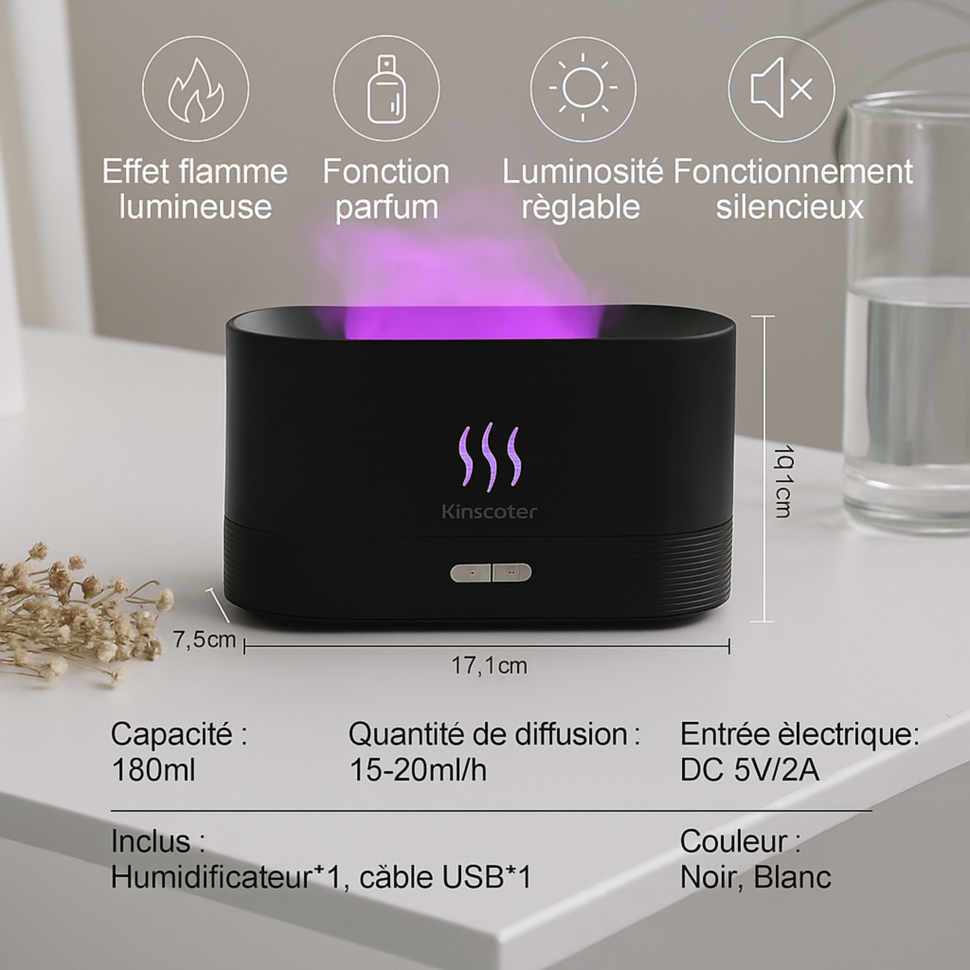 Diffuseur Volcanya LED avec flamme colorée en fonctionnement
