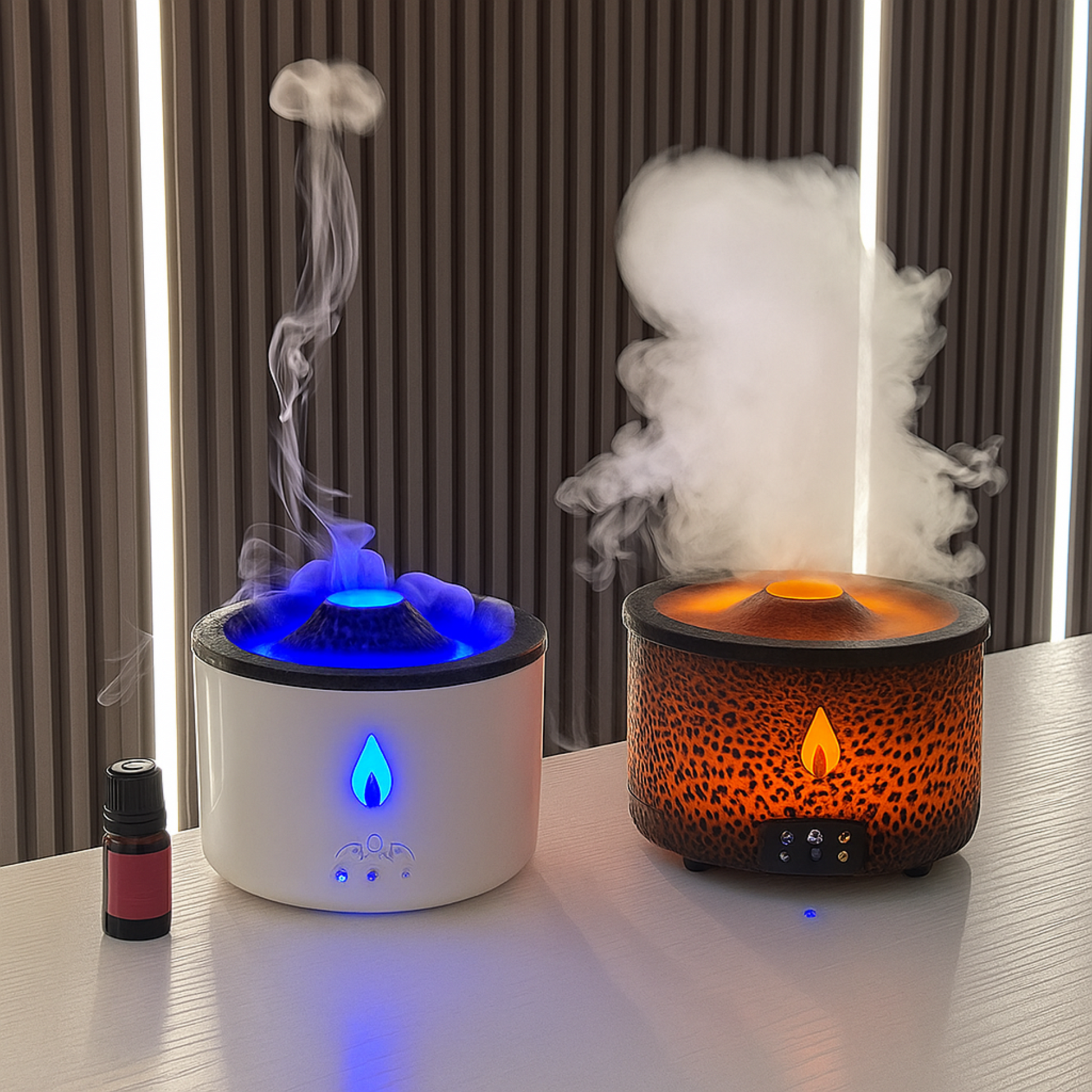 Diffuseur d’huiles essentielles Vulcarys en fonctionnement sur une table basse